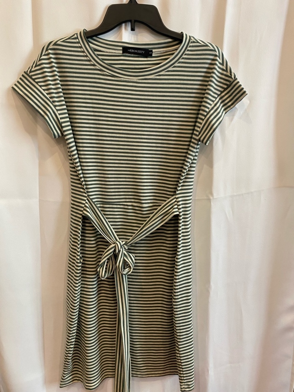 Merokeety Green and White Striped Tie-Waist Midi Dress